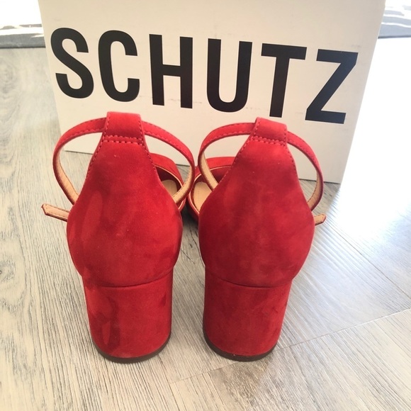 Schutz Roama Red Suede Block Heel Sandals - Picture 7 of 15